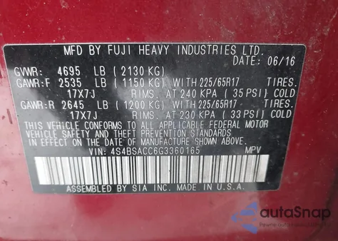 2016 Subaru Outback 2.5I Premium from USA, damaged, VIN 4S4BSACC6G3360165